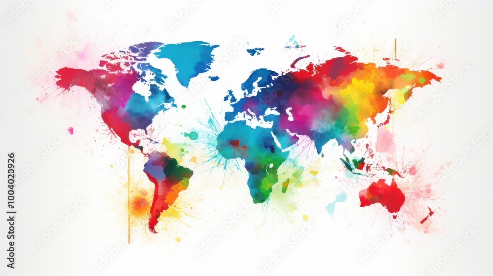 A vibrant world map mural creatively painted with splashes of various colors, blending art with geography in an expressive manner. A vibrant world map mural creatively painted with splashes of various colors, blending art with geography in an expressive manner.