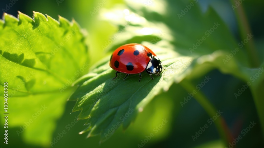 A vibrant red ladybug with black spots is perched on a lush green leaf, basking in the gentle sunlight. A vibrant red ladybug with black spots is perched on a lush green leaf, basking in the gentle sunlight.