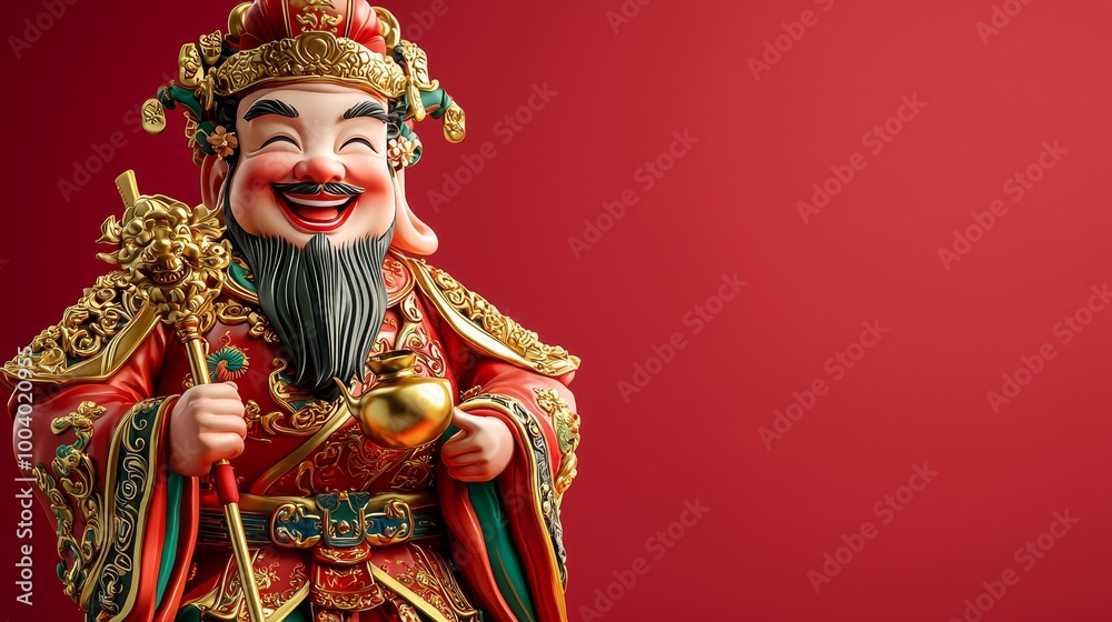 Cheerful cartoon statue of the Chinese God of Wealth in red and gold attire, symbolizing prosperity and joy. Cheerful cartoon statue of the Chinese God of Wealth in red and gold attire, symbolizing prosperity and joy.