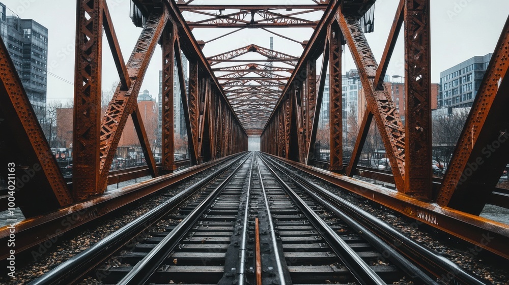 Train tracks leading towards a rusty bridge under a cloudy sky. Train tracks leading towards a rusty bridge under a cloudy sky.
