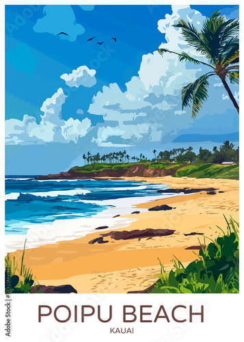 Poipu Beach Kauai Poster Illustration Travel Print Decor Gift Paper Canvas Wall Retro Art photo