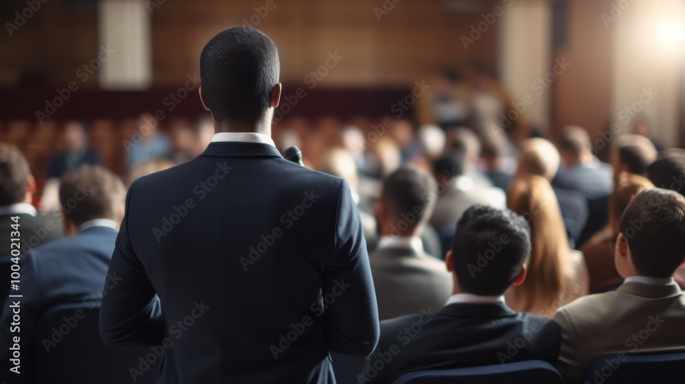 Fototapeta premium A speaker faces an attentive audience seen from behind, capturing the dynamic interaction and engagement in a professional setting.
