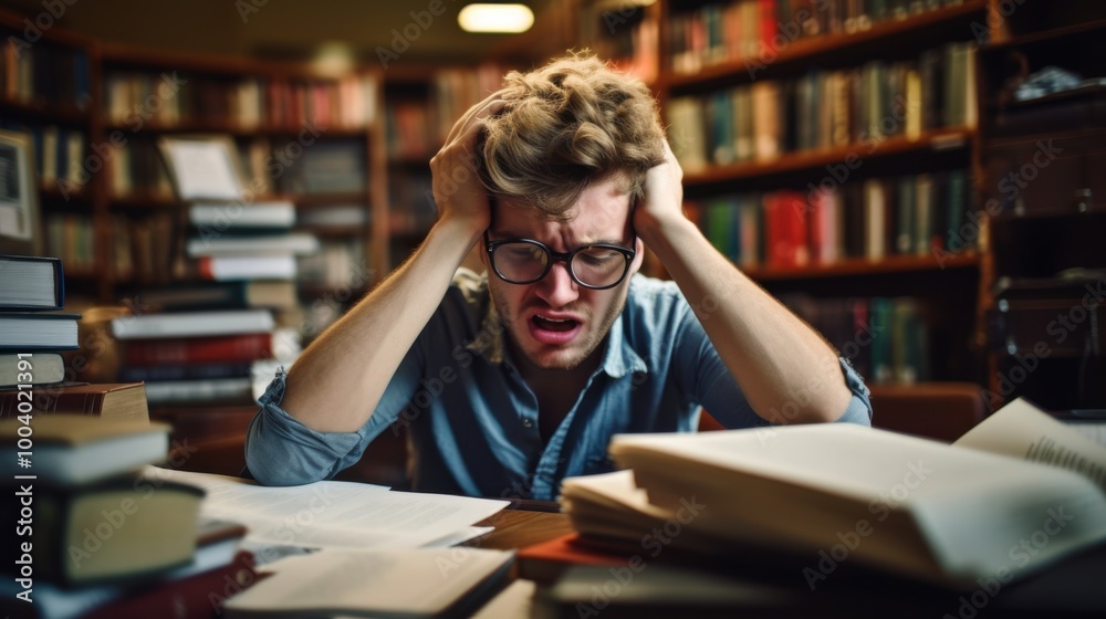 A stressed student with glasses holding their head while surrounded by books in a library, depicting the pressure of academic life. A stressed student with glasses holding their head while surrounded by books in a library, depicting the pressure of academic life.