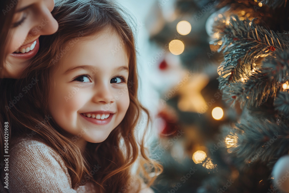 Generative AI image of mother father child couple family together by decorated Christmas tree holiday celebration themes Generative AI image of mother father child couple family together by decorated Christmas tree holiday celebration themes