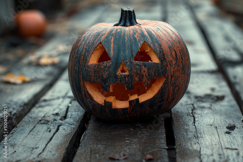 Generative AI photo of funny halloween pumpkins outdoors horror autumn night decor photo