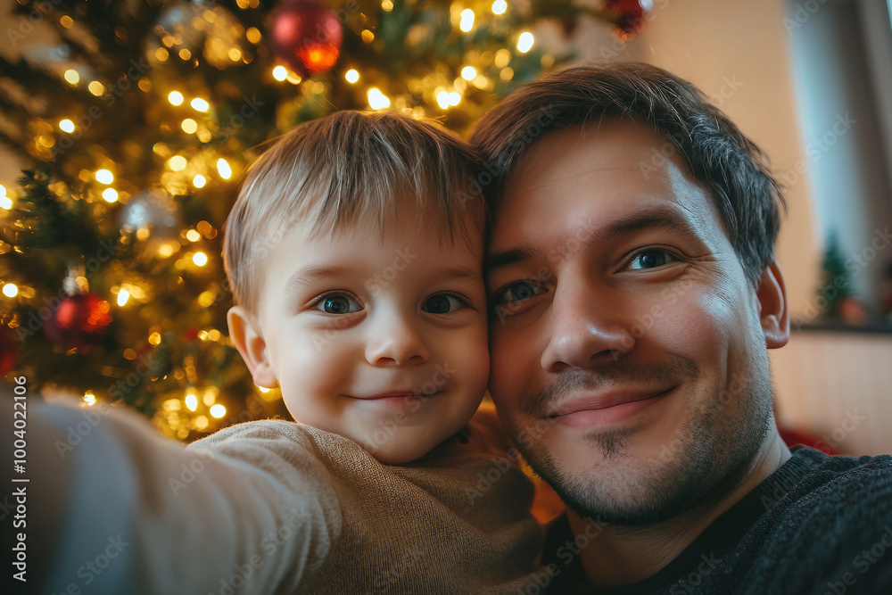 Generative AI image of mother father child couple family together by decorated Christmas tree holiday celebration themes Generative AI image of mother father child couple family together by decorated Christmas tree holiday celebration themes