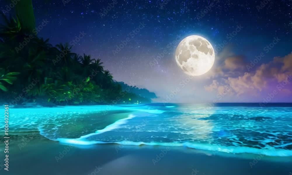 Dreamlike Tropical Beach with Palm Silhouette and Full Moon Dreamlike Tropical Beach with Palm Silhouette and Full Moon