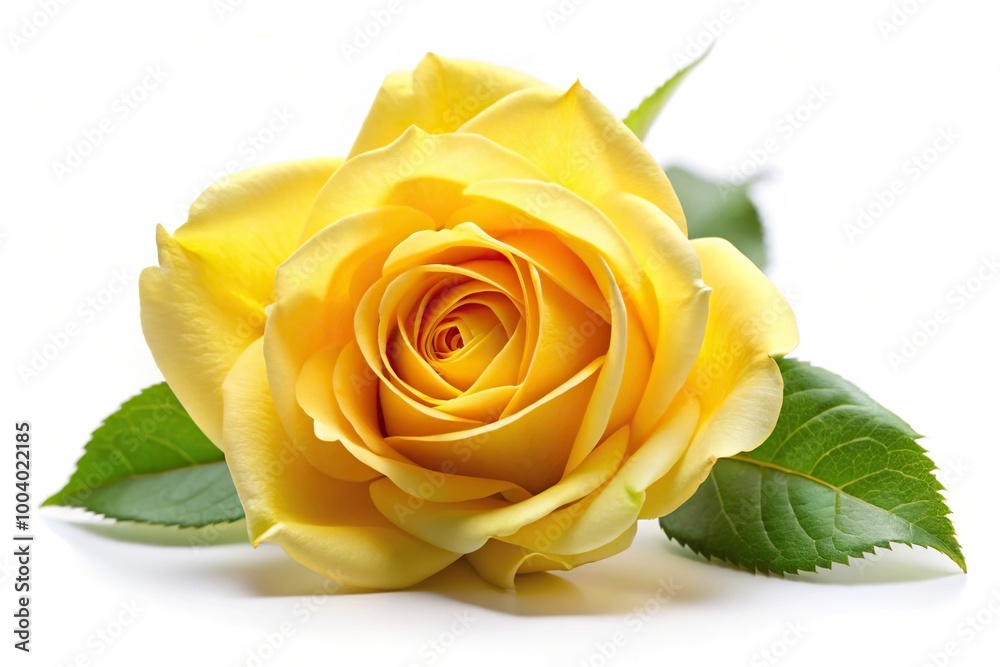 Fototapeta premium Yellow rose in bloom on white background.