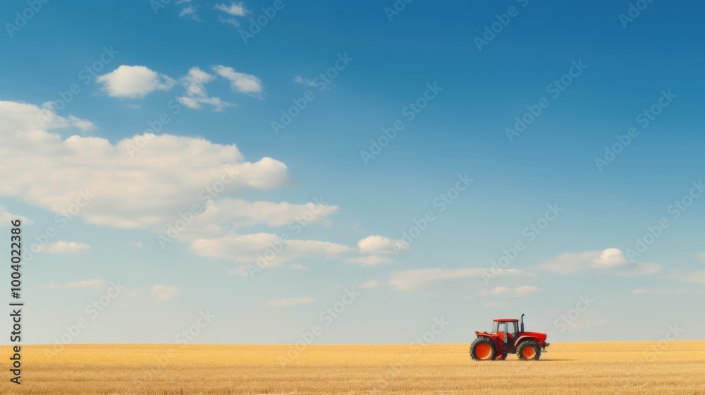 Fototapeta premium A red tractor works alone in a vast, golden field under a blue sky with scattered clouds, showcasing the tranquility of rural life.