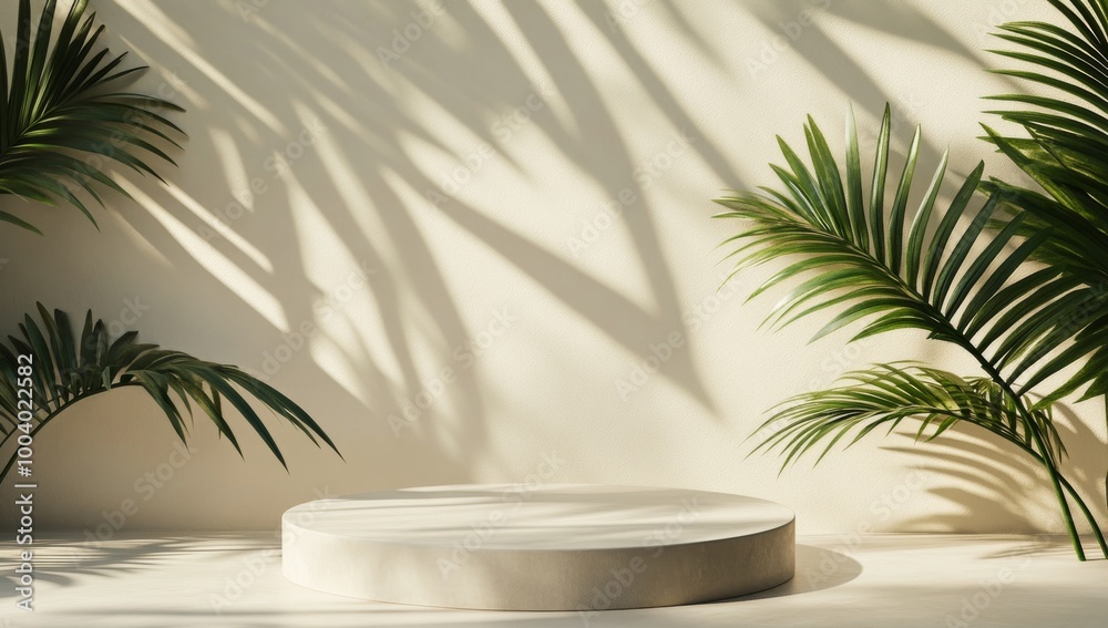 Minimalist scene with a white pedestal surrounded by palm leaves and their shadows. Minimalist scene with a white pedestal surrounded by palm leaves and their shadows.