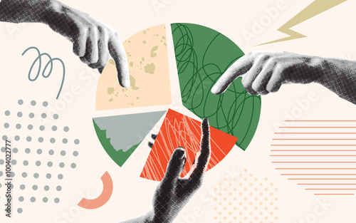 Collage with halftone hands taking pieces of multicolored diagram. Business data and market share concept. Goals, objectives and plans. Retro grunge vector illustration isolated on light background.