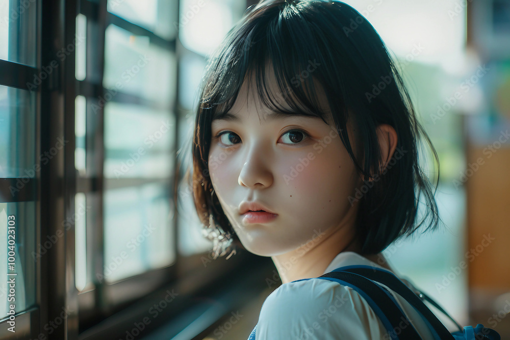Generative AI portrait of a young woman by a window Generative AI portrait of a young woman by a window