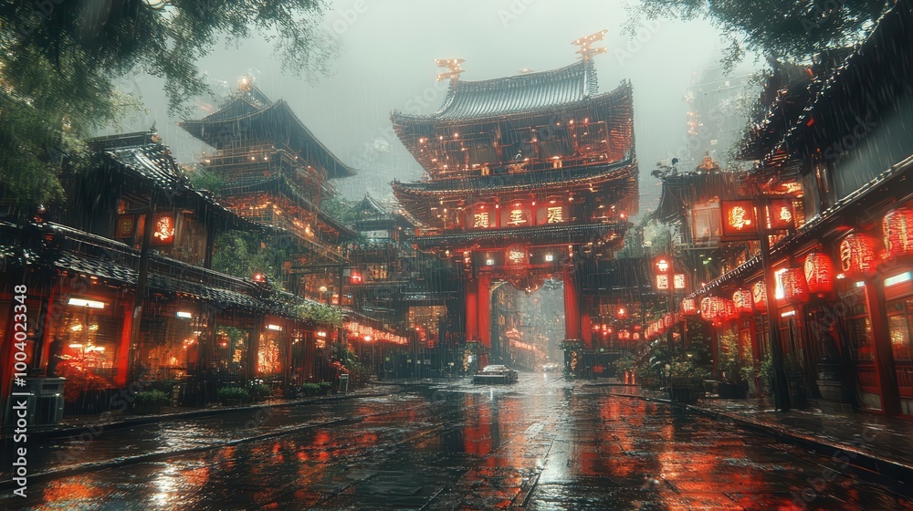 Fototapeta premium a beautiful traditional japanesestyle cyberpunk city blending ancient architectural elements with futuristic neon lights and bustling streets creating a unique atmosphere