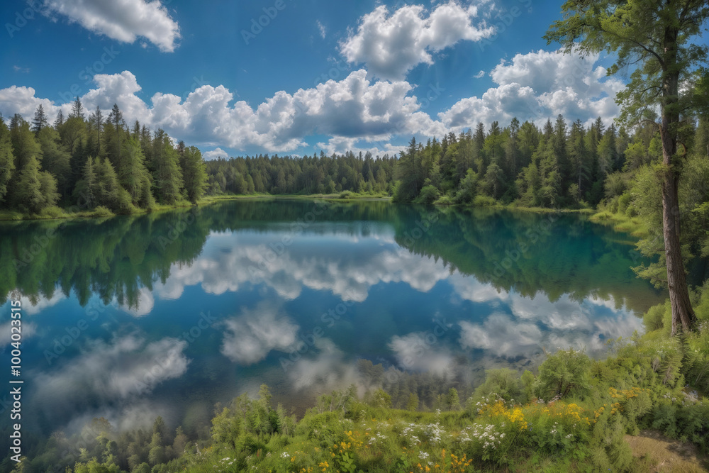 Clear weather, blue sky and white cloud,lake, forest,camping Clear weather, blue sky and white cloud,lake, forest,camping