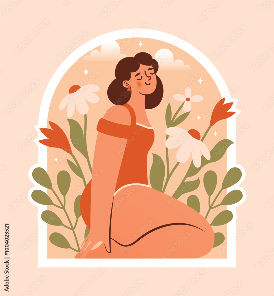 Cute happy woman in bikini sitting among flowers, plants, leaves. Peaceful young lady in swimwear. Illustration in window frame. Meditation on outdoors, nature. Wellbeing, mental health concept. Cute happy woman in bikini sitting among flowers, plants, leaves. Peaceful young lady in swimwear. Illustration in window frame. Meditation on outdoors, nature. Wellbeing, mental health concept.