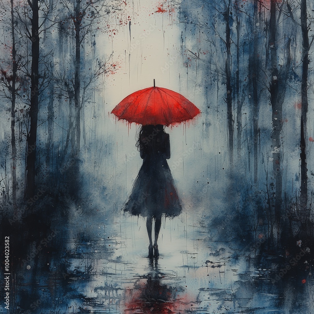 Fototapeta Ghostly Woman with Red Umbrella in Watercolor Scene