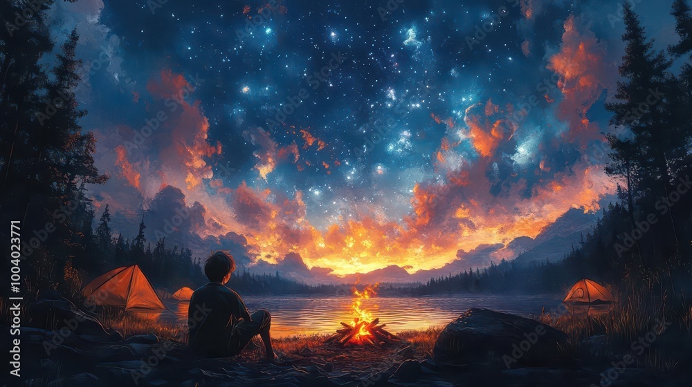 a bored 13yearold american boy gazes into the night sky while camping surrounded by a cozy campfire and tents capturing the essence of youthful curiosity and solitude a bored 13yearold american boy gazes into the night sky while camping surrounded by a cozy campfire and tents capturing the essence of youthful curiosity and solitude