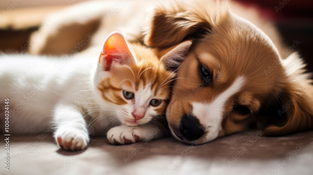 A kitten and a puppy share a tender moment lying together, embodying pure innocence and the beauty of companionship. A kitten and a puppy share a tender moment lying together, embodying pure innocence and the beauty of companionship.
