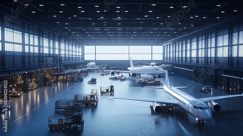 A modern aerospace manufacturing plant producing cutting-edge aircraft components with robotics.
