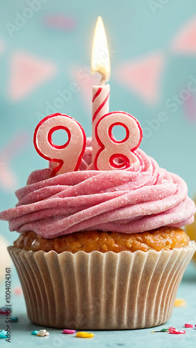 Birthday cupcake with burning lit candle with number 98. Number ninety-eight for ninety-eight years or ninety-eighth anniversary. photo