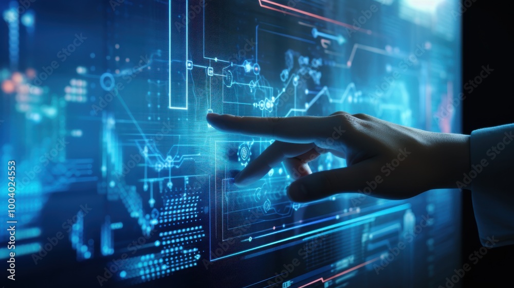 A hand interacts with a futuristic digital screen, representing advanced technology and innovation in a high-tech environment. A hand interacts with a futuristic digital screen, representing advanced technology and innovation in a high-tech environment.