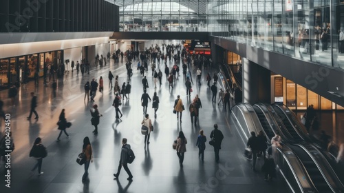 A high-angle view of people walking through a busy, modern airport terminal, capturing the hustle and flow of travel and transit. photo