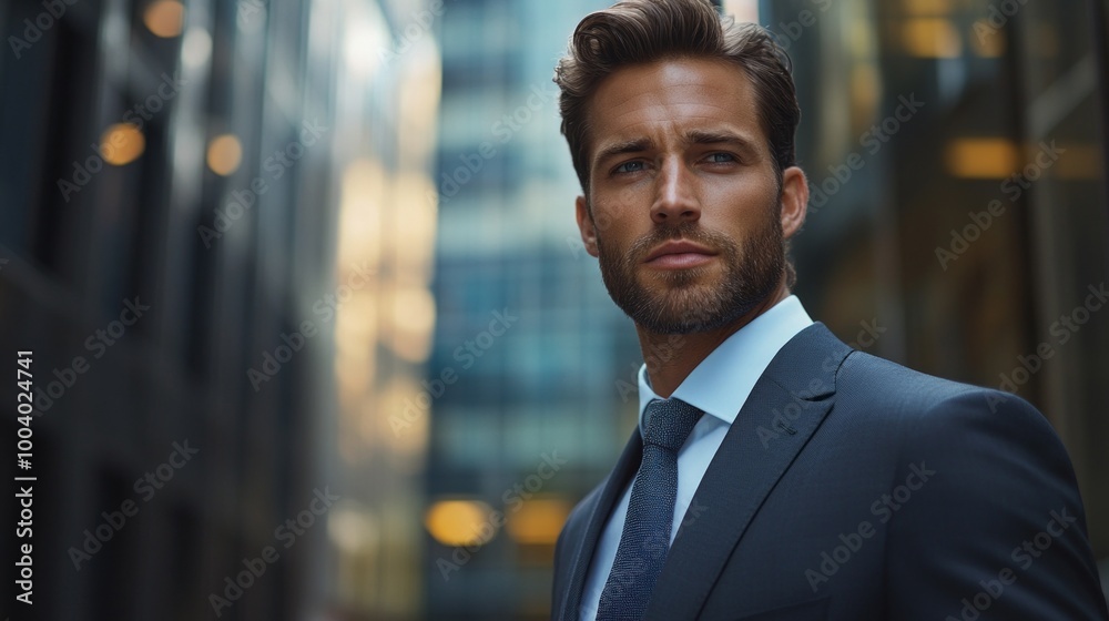A man in a suit and tie stands in front of a building A man in a suit and tie stands in front of a building
