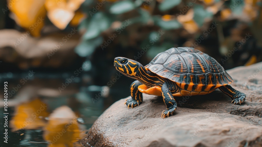 Obraz premium Turtle resting on a rock near a serene water body, surrounded by nature.