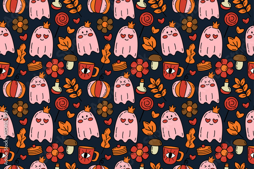 Seamless pattern with kawaii halloween ghosts set of pumpkin, cup, eyes, mushrooms, autumn leaves. Happy Halloween day background element vector., trick or treat. Retro vintage fabric
