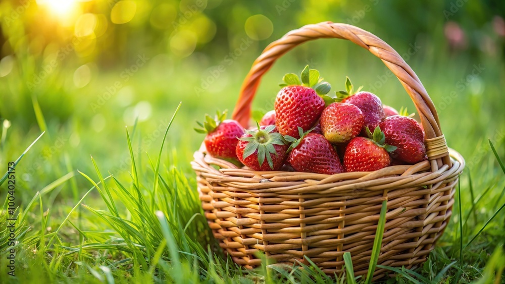 Wicker basket with fresh strawberries on grass Wicker basket with fresh strawberries on grass
