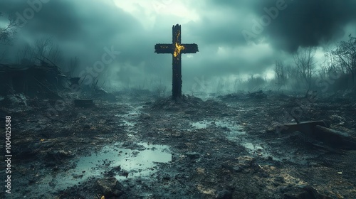 a christian cross set against a backdrop of devastated land dark stormy clouds looming overhead encapsulating themes of apocalypse and judgment day with haunting imagery