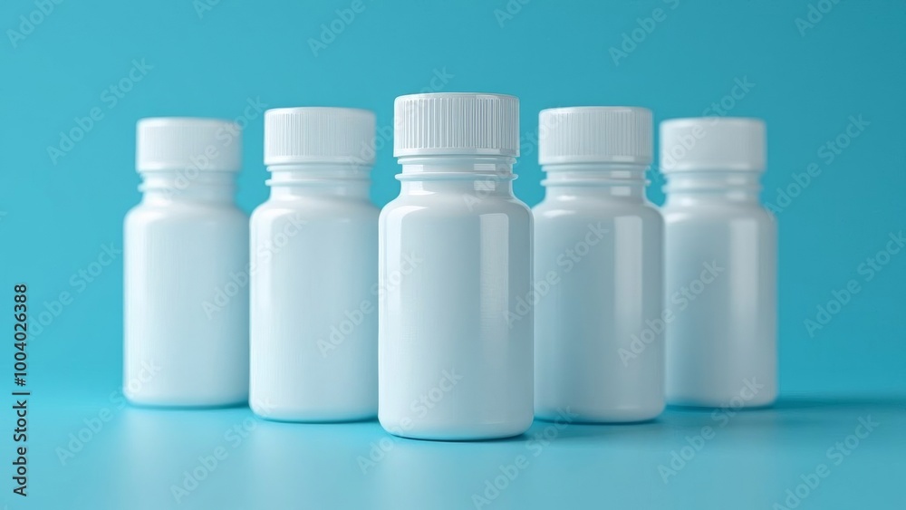 5 empty plastic jars on a blue background 5 empty plastic jars on a blue background
