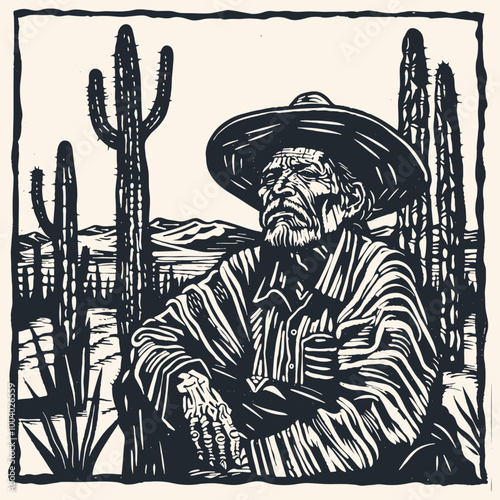 An old Mexican shaman sits among cacti in the Sonoran desert.