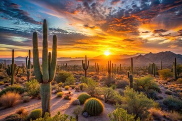 Papier peint photo Pantone 2025 Mocha Mousse Wide ratio desert sunrise landscape with cactus in North Scottsdale AZ symmetrical  © Sayfar