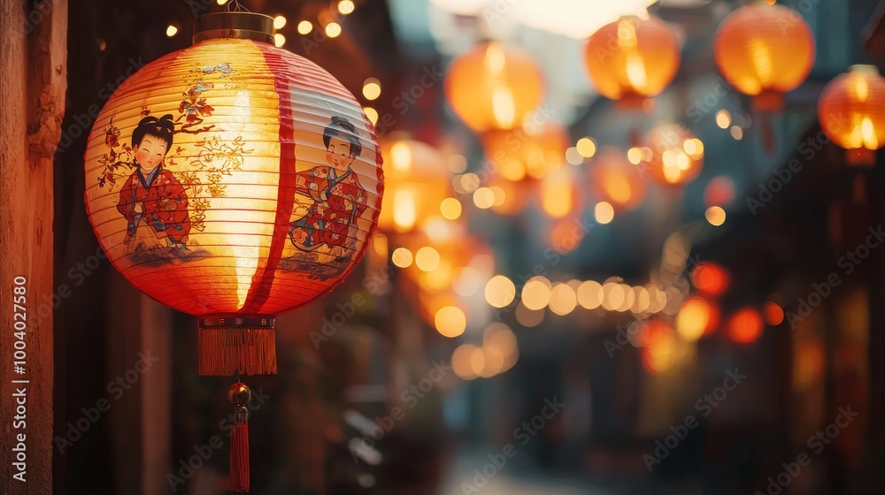 Glowing red Chinese lanterns in a narrow alley at dusk, creating a warm festive atmosphere. Glowing red Chinese lanterns in a narrow alley at dusk, creating a warm festive atmosphere.
