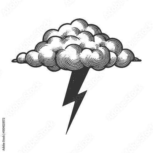 cloud with a lightning bolt striking from beneath it sketch engraving generative ai vector illustration. Scratch board imitation. Black and white image.