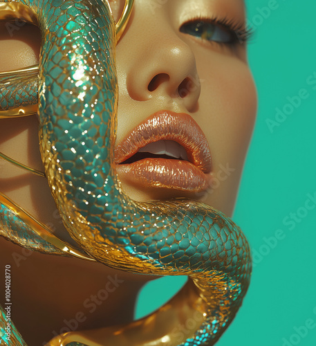 Glamous Woman with golden, diamond, turquoise jewelry tentacles snake tail in her mouth, Fashion model with polished octopus tentacles jewelry necklace in her glossy lips, Jewelry Design concept photo