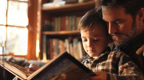 A man sitting, reading a book to a young boy who is listening attentively.