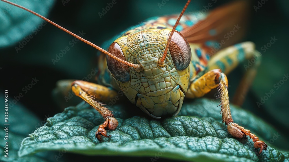 Naklejka premium a detailed closeup of a grasshopper perfectly camouflaged against a green leaf showcasing the intricate patterns and textures of its body highlighting natures design