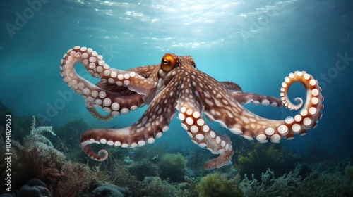 A graceful octopus glides underwater, surrounded by vibrant marine life and corals, showcasing the beauty and mystery of the ocean depths.