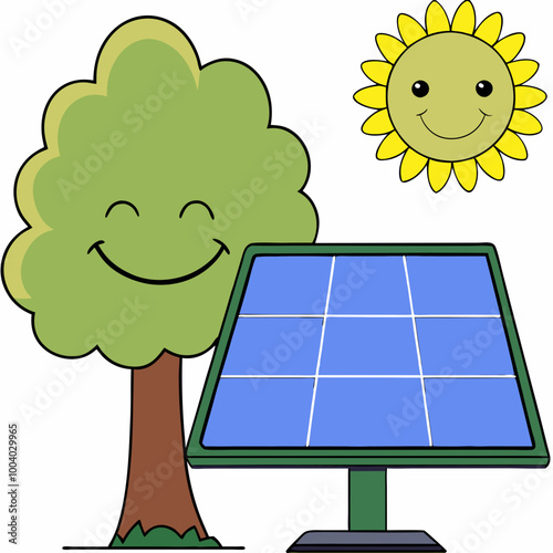 Solar panels, sustainable electric batteries, sun energy glass cells in nature. Green sustainable eco-friendly energy, alternative power concept. Flat vector illustration isolated on white background
