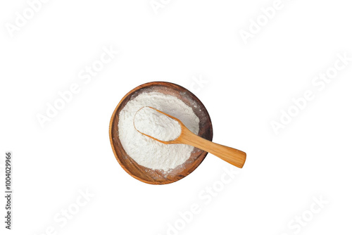 A wooden spoon rests in a bowl filled with flour. png transparent background..white2 photo