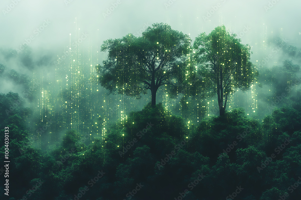 illustration featuring digital abstract technology with space for titles, layered over a forest background. Ideal for tech design concepts.
illustration featuring digital abstract technology with space for titles, layered over a forest background. Ideal for tech design concepts.