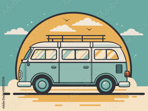 Vintage Camper Van with Sunset Background

