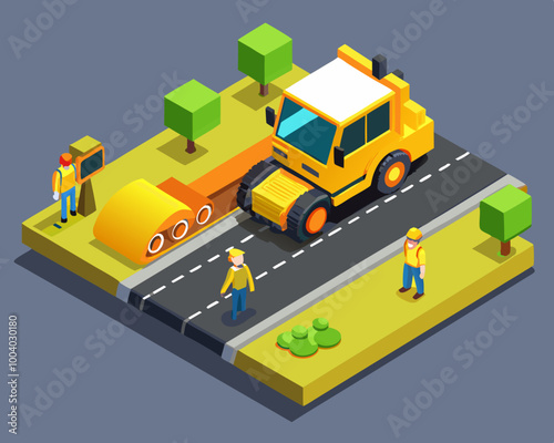 Yellow steamroller for paving asphalt. Road work in 3d isometric scene. Road roller and lorry truck. Asphalting machine with workers on highway. Road pavement improvement. Vector illustration