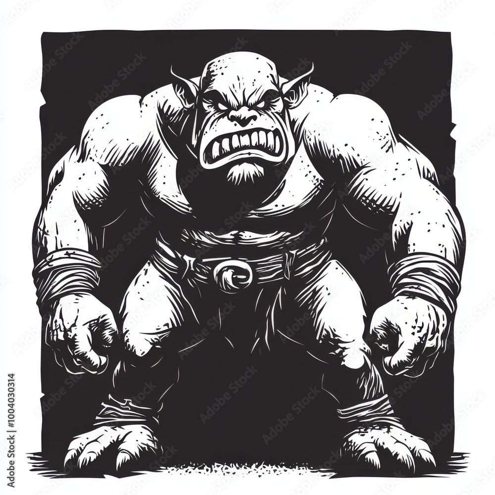 Φωτογραφία A menacing,  angry, and muscular ogre stands with clenched fists in front of a dark background