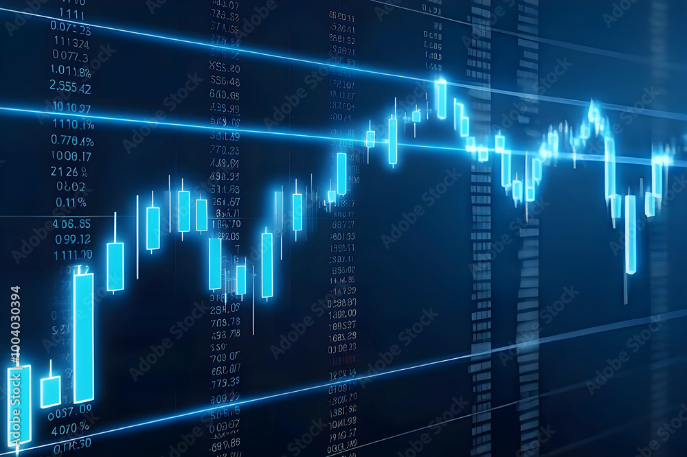 Macro close-up of a stock market investment trading chart displayed in blue, analyzing data with candlestick graph Macro close-up of a stock market investment trading chart displayed in blue, analyzing data with candlestick graph