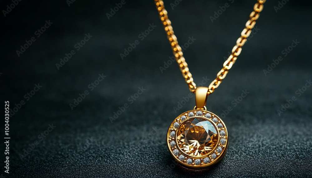 Elegant gold necklace with round pendant and sparkling details. Elegant gold necklace with round pendant and sparkling details.
