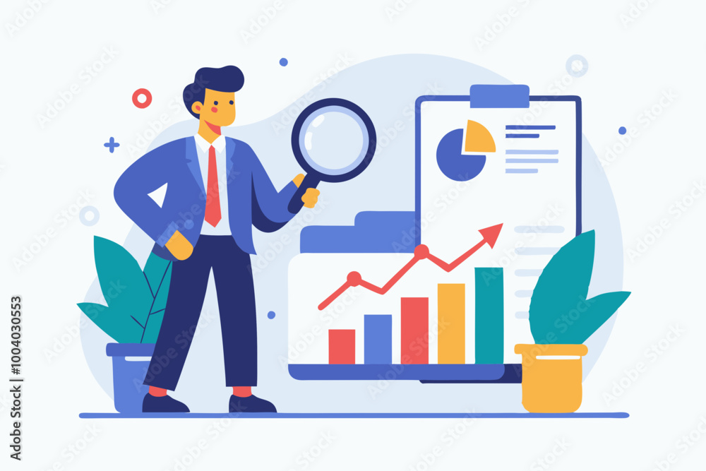 Data analysis chart and report, financial research or analyze information for marketing insight, analytics or optimization diagram, smart information, businessman analyze data with magnifying glass. Data analysis chart and report, financial research or analyze information for marketing insight, analytics or optimization diagram, smart information, businessman analyze data with magnifying glass.