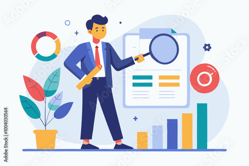 Data analysis chart and report, financial research or analyze information for marketing insight, analytics or optimization diagram, smart information, businessman analyze data with magnifying glass.